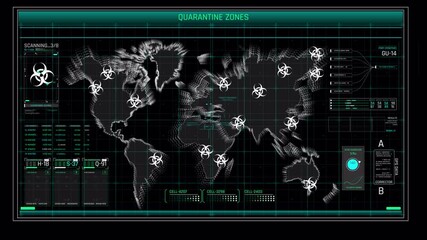Global Pandemic Outbreak Map with Biohazard Symbols and Data Interface. - Powered by Adobe