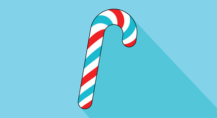 Obraz premium Candy cane with red white and blue swirls stands on a bright blue background casting a long diagonal shadow and evoking a playful festive mood.