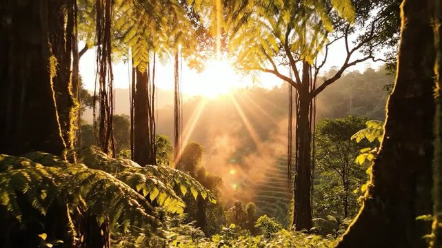 The sun rises through the lush trees in a dense forest, illuminating the green ferns below. The vibrant sunlight creates a magical atmosphere in the tranquil forest setting.