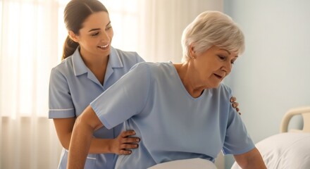 Obraz premium Young woman caregiver assisting elderly woman getting out of bed at home or hospital, concept of elderly care, health, recovery.