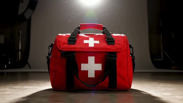 A red first aid kit medical bag sits dramatically under a single spotlight in a dark studio. Concept of emergency, safety, and preparedness.