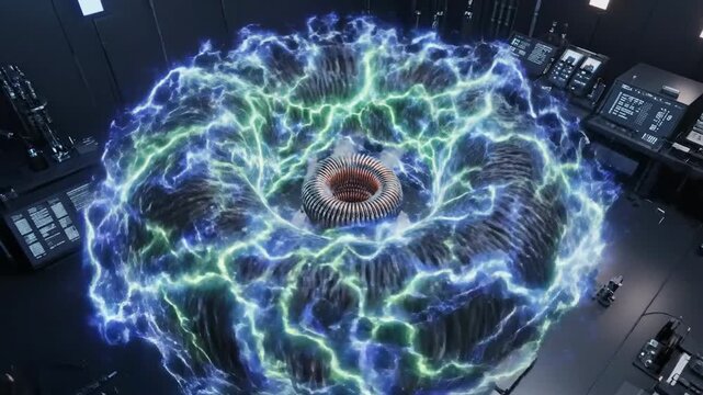 Intense electromagnetic field pulse emanating from a superconducting coil in a futuristic laboratory setting, showcasing powerful energy generation.