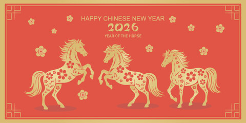 Chinese New Year banner with golden horse design on red background