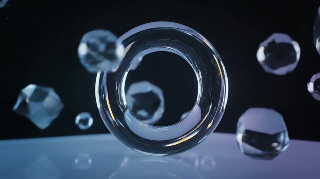 A slowly rotating transparent torus surrounded by floating faceted crystals on a reflective surface