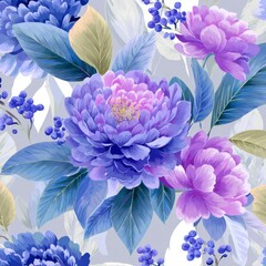 Fototapeta premium Vibrant floral design featuring purple and blue flowers with green leaves on a light background