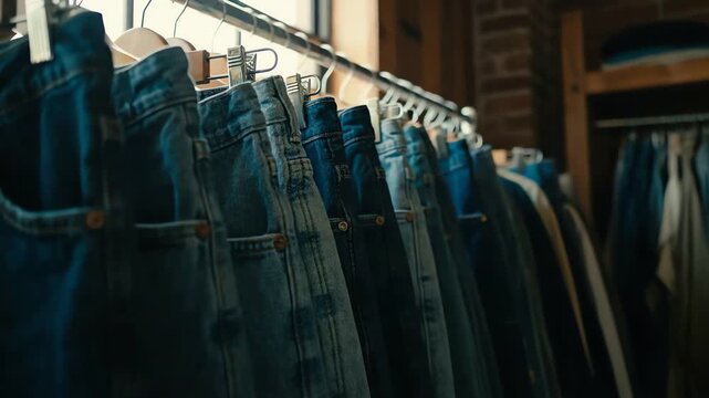 A cinematic shot of assorted blue denim jeans hanging on a clothing rack in a sunlit vintage boutique