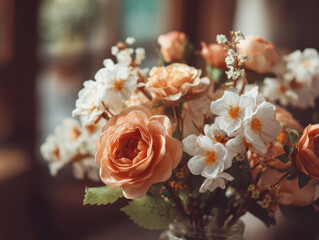 Obraz premium Soft focus bouquet of delicate peach roses and white blossoms in a rustic setting with warm natural light enhancing the floral textures and colors