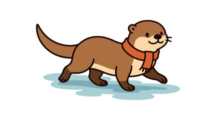 Flat vector illustration of bright river otter walking across ice wearing tiny scarf winter cute pose rounded shapes clean outline clean white background