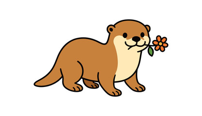 Fototapeta premium Flat vector illustration of bright river otter carrying small wildflower mouth sweet pose rounded shapes clean outline clean white background