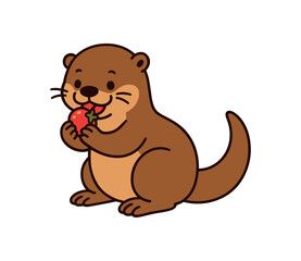 Obraz premium Flat vector illustration of bright river otter nibbling berry held paws cute eating pose rounded shapes clean outline clean white background