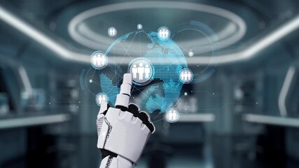 A futuristic robotic hand reaches towards a digital globe interface, illustrating advanced connectivity and collaboration in a modern technological workspace setting. Auvana