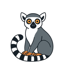 Obraz premium Flat vector illustration of bright ringtailed lemur sitting upright with tail curled around feet rounded shapes clean outline clean white background