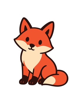 Flat vector illustration of bright red fox sitting with head tilted to the side cute listening pose rounded shapes clean outline clean white background