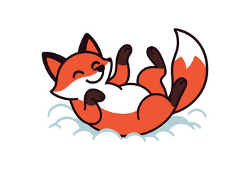 Flat vector illustration of bright red fox rolling soft snow joyful pose rounded shapes clean outline clean white background
