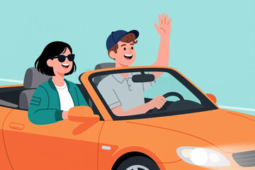 Man and woman smiling while driving and riding in an orange convertible on a sunny day with a light blue background.