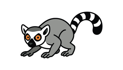 Fototapeta premium Flat vector illustration of bright ringtailed lemur crouching low like sneaking tail straight back rounded shapes clean outline clean white background