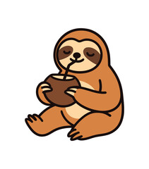 Obraz premium Flat vector illustration of bright sloth sipping coconut drink icon with straw while sitting tropical chill pose rounded shapes clean outline clean white background