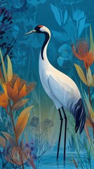Obraz premium A beautiful, modern illustration of a white red-crowned crane in a vibrant blue and orange wetland with tall grasses and flowers. Tranquil art for nature lovers and Asian-inspired design