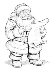 A classic, retro black and white line-art illustration of Santa Claus holding his scroll list. Perfect for holiday coloring books, vintage Christmas design, and children's seasonal activities
