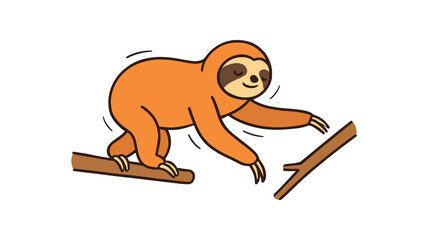 Flat vector illustration of bright sloth stepping onto new branch midmove slowmotion pose with subtle lines rounded shapes clean outline clean white background