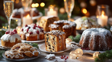 Festive Christmas Dessert Table Spread Featuring Assorted Holiday Cakes, Gingerbread Cookies, and Traditional Stollen or Panettone Bread Dusted with Powdered Sugar, Candles, Lights, Champagne Glasses.