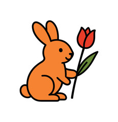 Flat vector illustration of bright rabbit holding tulip stem rounded shapes clean outline clean white background