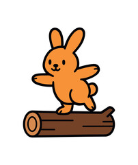 Flat vector illustration of bright rabbit balancing on log rounded shapes clean outline clean white background