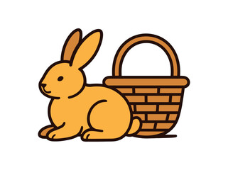 Flat vector illustration of bright rabbit resting beside wicker basket rounded shapes clean outline clean white background