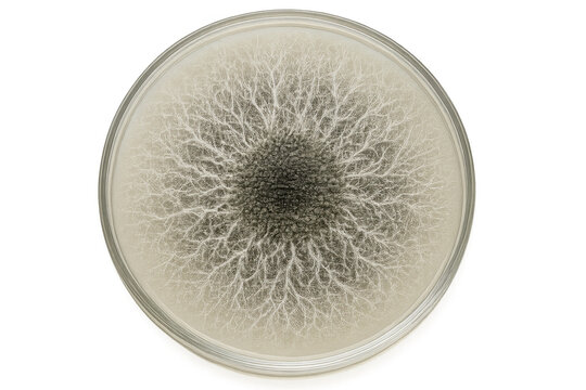 Fungi colony or mold growing in laboratory petri dish, showing intricate mycelium pattern and microbial life development