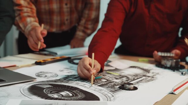 Engineers are actively collaborating on technical drawings and prototypes in a modern office environment, utilizing various digital devices, while surrounded by mechanical components. SACTR