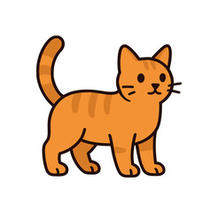 Flat vector illustration of bright cat standing alert with raised tail and perked ears rounded shapes clean outline clean white background
