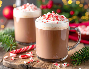 Festive peppermint mocha latte, shaved cany candy, closeup. AI