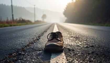 Worn single shoe placed on an empty foggy road, emotional and cinematic mood.
