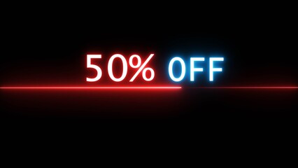 Business 50% off illustration. Neon discounts offer number. Business promotions and special percentage offers.