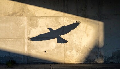 Bird’s shadow projected sharply on a concrete wall, strong sunlight.