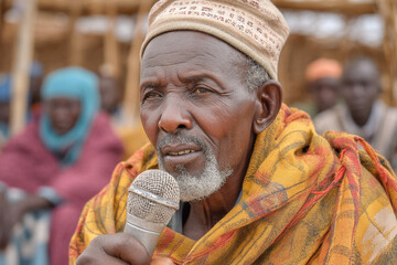 A Somali elder reciting oral poetry in Somali at a village gathering, surrounded by attentive listeners.