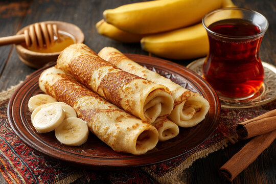 A platter of Somali Malawah pancakes served with honey, spiced tea, and fresh bananas on a wooden table.