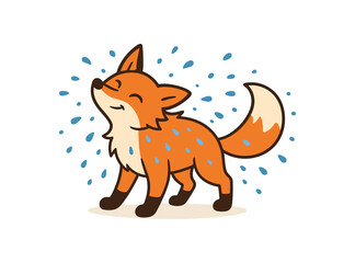 Fototapeta premium Flat vector illustration of bright fox shaking off water after rain tiny droplets around rounded shapes clean outline clean white background