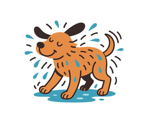 Flat vector illustration of bright dog shaking off water after bath rounded shapes clean outline clean white background