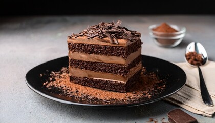 a rich chocolate cake layered with creamy frosting and topped with chocolate shavings served on a black plate with cocoa powder on the side
