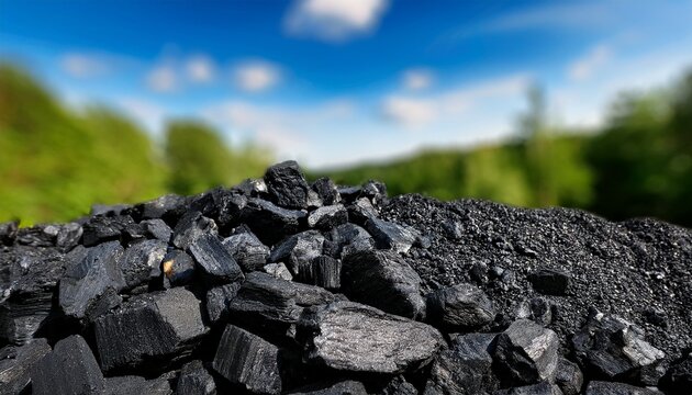 a close up view of a pile of black coal against a blurred background of green trees and blue sky the scene represents natural resources and mining