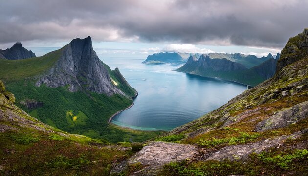 view from barden mountain trail towards medfjorden on the northwest of senja island in arctic norway hiking destination during cloudy summer day on senja island outdoor travel destination