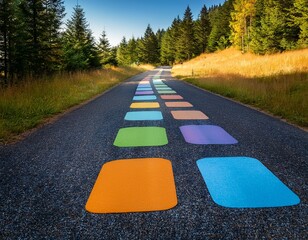 colorful markers guide a path through a paved road