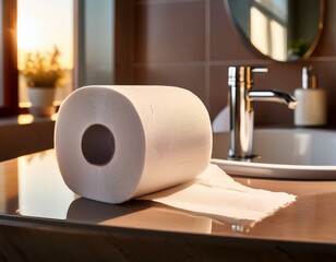 toilet paper roll on a bathroom counter