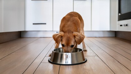 a small light brown dog eats from a stainless steel bowl in a modern kitchen the floor is wooden and the kitchen has white cabinets