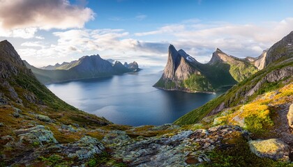 mountains on norwegian senja island view on ornfjorden a branch of oyfjorden view from hiking trail towards barden mountain peak into the fjord arctic travel destination in northern europe amazing
