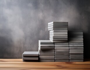 stacked gray tiles on a wooden surface the background features a textured gray wall the scene conveys a modern interior design concept