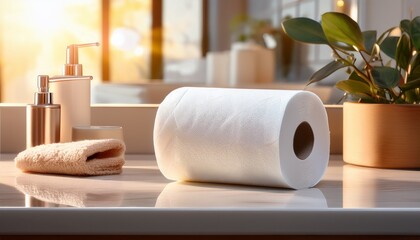 roll of toilet paper on a bathroom counter