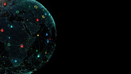 Digital Earth: The globe illuminated with interconnected data points and icons, symbolizing global digital connectivity, network security, and technological advancement.
