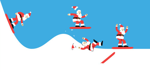 Vector cartoon illustration. Santa Claus with beard, hat jumps on snowboard over snow mountain and waves hello. Phases of snowboarder performs trick over hill. Athlete won. Christmas, New Year concept